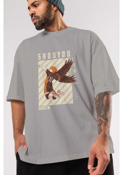 Shouyou Hinata 3 Anime Ön Baskılı Gri Oversize T-Shirt %100 Pamuk Erkek Kadın modelleri