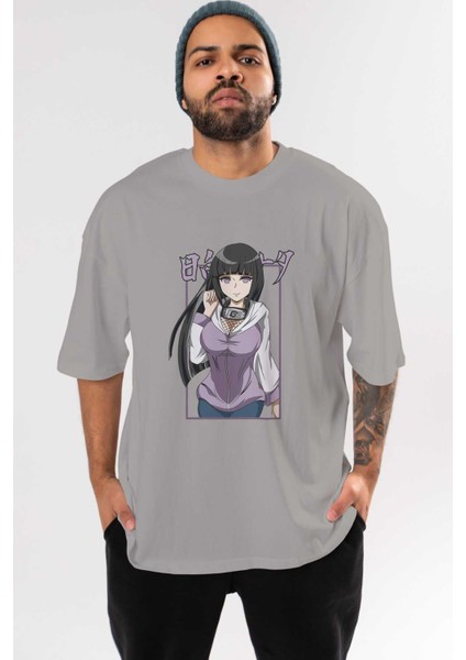 Hinata Naruto Anime Ön Baskılı Gri Oversize T-Shirt %100 Pamuk Erkek Kadın