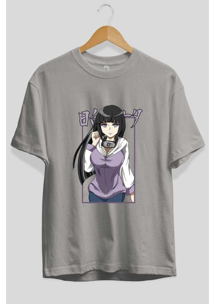 Hinata Naruto Anime Ön Baskılı Gri Oversize T-Shirt %100 Pamuk Erkek Kadın fiyatları