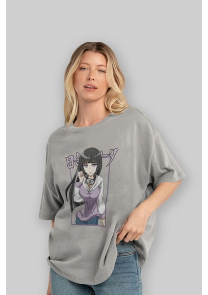 Hinata Naruto Anime Ön Baskılı Gri Oversize T-Shirt %100 Pamuk Erkek Kadın fırsatları