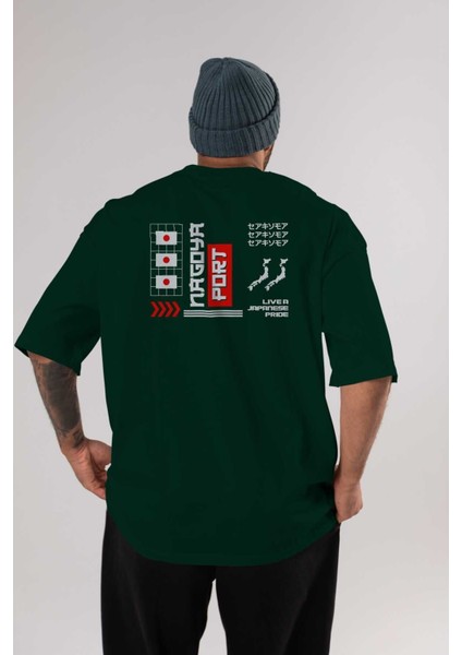 Nagoya Port Arka Baskılı Zümrüt Yeşili Oversize T-Shirt Unisex Erkek Kadın Bisiklet Yaka
