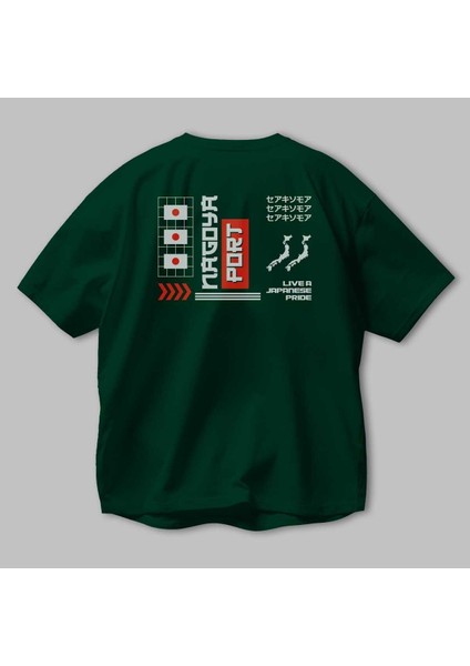 Nagoya Port Arka Baskılı Zümrüt Yeşili Oversize T-Shirt Unisex Erkek Kadın Bisiklet Yaka modelleri