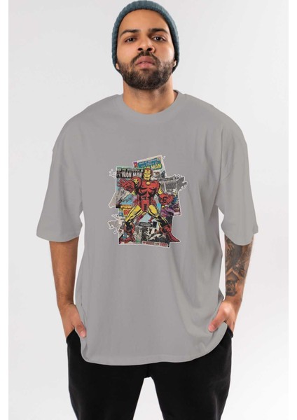 Iron Man (6) Ön Baskılı Gri Oversize T-Shirt Bisiklet Yaka Pamuk Erkek Kadın
