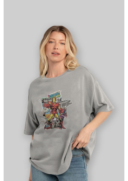 Iron Man (6) Ön Baskılı Gri Oversize T-Shirt Bisiklet Yaka Pamuk Erkek Kadın