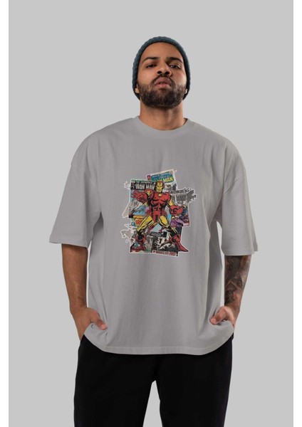 Iron Man (6) Ön Baskılı Gri Oversize T-Shirt Bisiklet Yaka Pamuk Erkek Kadın