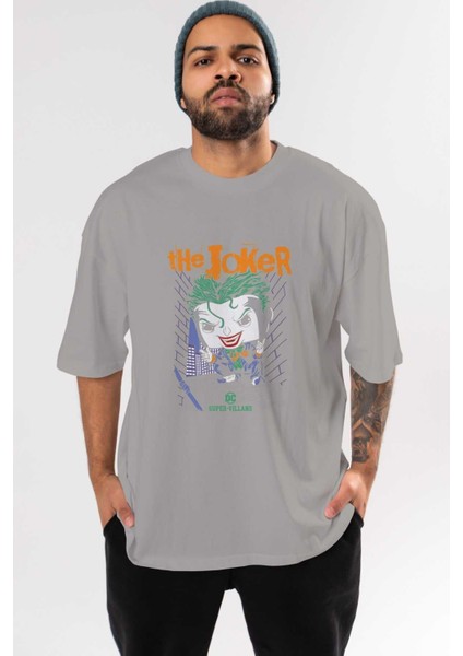 Joker (6) Ön Baskılı Gri Oversize T-Shirt Bisiklet Yaka Pamuk Erkek Kadın