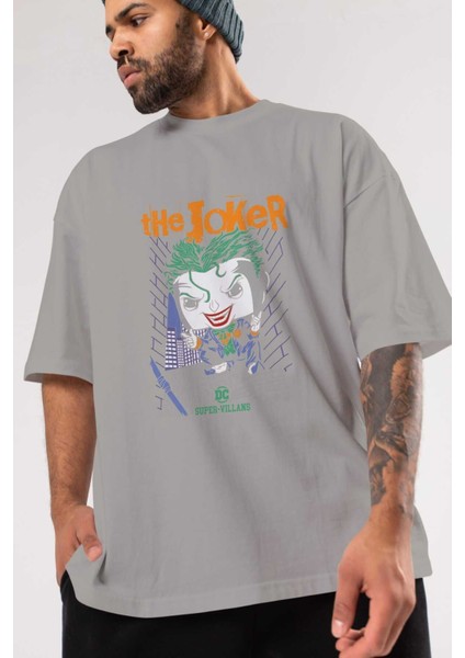 Joker (6) Ön Baskılı Gri Oversize T-Shirt Bisiklet Yaka Pamuk Erkek Kadın modelleri