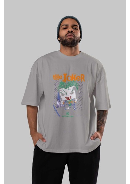 Joker (6) Ön Baskılı Gri Oversize T-Shirt Bisiklet Yaka Pamuk Erkek Kadın indirimleri