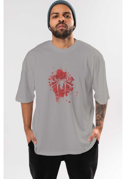 Spiderman (10) Ön Baskılı Gri Oversize T-Shirt Bisiklet Yaka Pamuk Erkek Kadın