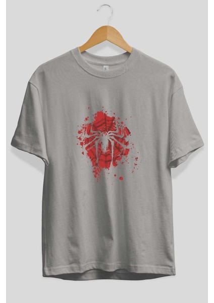 Spiderman (10) Ön Baskılı Gri Oversize T-Shirt Bisiklet Yaka Pamuk Erkek Kadın