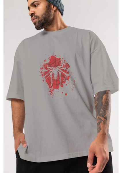 Spiderman (10) Ön Baskılı Gri Oversize T-Shirt Bisiklet Yaka Pamuk Erkek Kadın