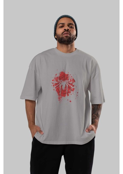 Spiderman (10) Ön Baskılı Gri Oversize T-Shirt Bisiklet Yaka Pamuk Erkek Kadın