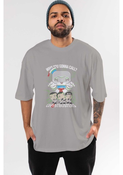 Ghostbusters Ön Baskılı Gri Oversize T-Shirt Bisiklet Yaka Pamuk Erkek Kadın