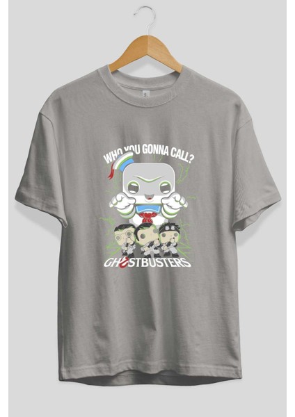 Ghostbusters Ön Baskılı Gri Oversize T-Shirt Bisiklet Yaka Pamuk Erkek Kadın fiyatları