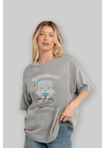 Ghostbusters Ön Baskılı Gri Oversize T-Shirt Bisiklet Yaka Pamuk Erkek Kadın fırsatları