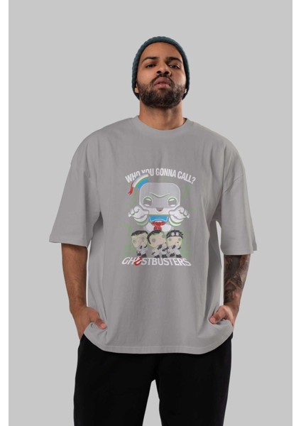 Ghostbusters Ön Baskılı Gri Oversize T-Shirt Bisiklet Yaka Pamuk Erkek Kadın indirimleri