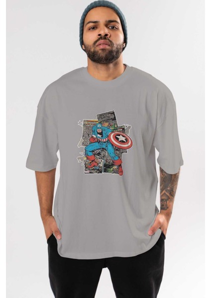 Captain America (2) Ön Baskılı Gri Oversize T-Shirt Bisiklet Yaka Pamuk Erkek Kadın