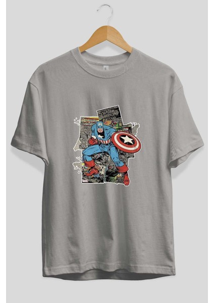 Captain America (2) Ön Baskılı Gri Oversize T-Shirt Bisiklet Yaka Pamuk Erkek Kadın