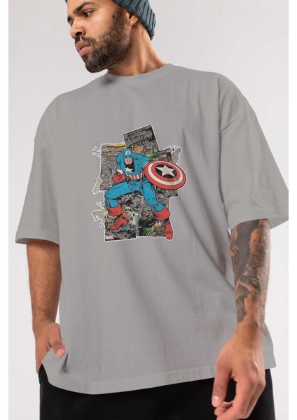 Captain America (2) Ön Baskılı Gri Oversize T-Shirt Bisiklet Yaka Pamuk Erkek Kadın