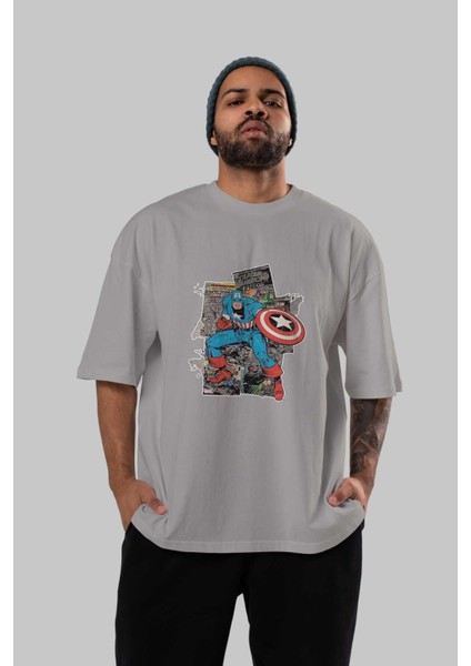 Captain America (2) Ön Baskılı Gri Oversize T-Shirt Bisiklet Yaka Pamuk Erkek Kadın