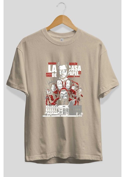La Casa De Papel (2) Ön Baskılı Bej Oversize T-Shirt Bisiklet Yaka Pamuk Erkek Kadın fiyatları
