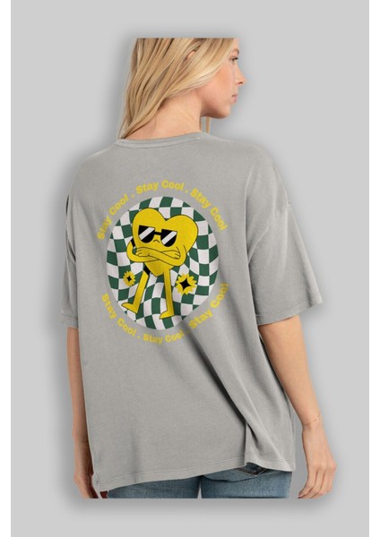 Stay Cool Yazılı Arka Baskılı Gri Oversize T-Shirt Unisex Erkek Kadın Bisiklet Yaka modelleri