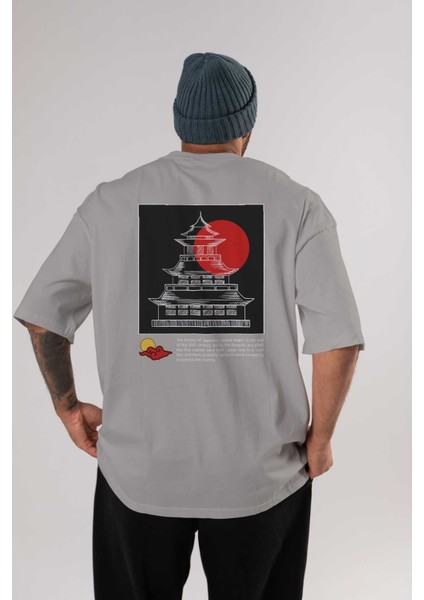 Retro Japanese Arka Baskılı Gri Oversize T-Shirt Unisex Erkek Kadın Bisiklet Yaka