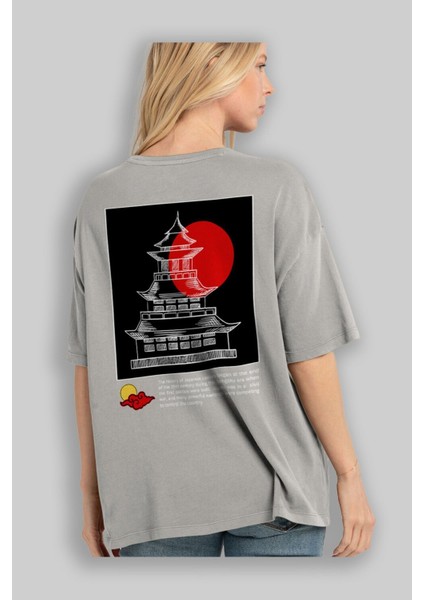 Retro Japanese Arka Baskılı Gri Oversize T-Shirt Unisex Erkek Kadın Bisiklet Yaka modelleri