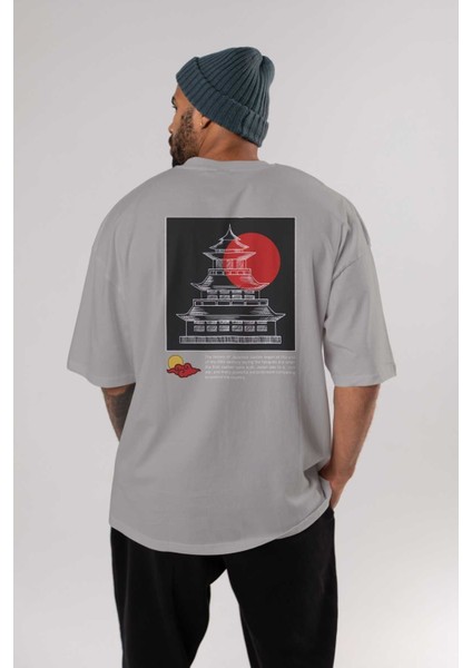Retro Japanese Arka Baskılı Gri Oversize T-Shirt Unisex Erkek Kadın Bisiklet Yaka fırsatları