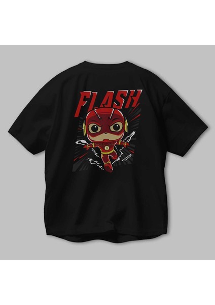 Flash Avengers (4) Arka Baskılı Siyah Oversize T-Shirt Bisiklet Yaka Pamuk Erkek Kadın modelleri