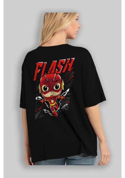 Flash Avengers (4) Arka Baskılı Siyah Oversize T-Shirt Bisiklet Yaka Pamuk Erkek Kadın fırsatları