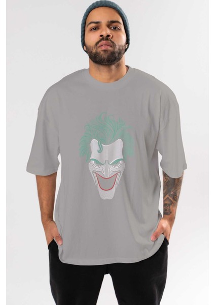 Joker (1) Ön Baskılı Gri Oversize T-Shirt Bisiklet Yaka Pamuk Erkek Kadın