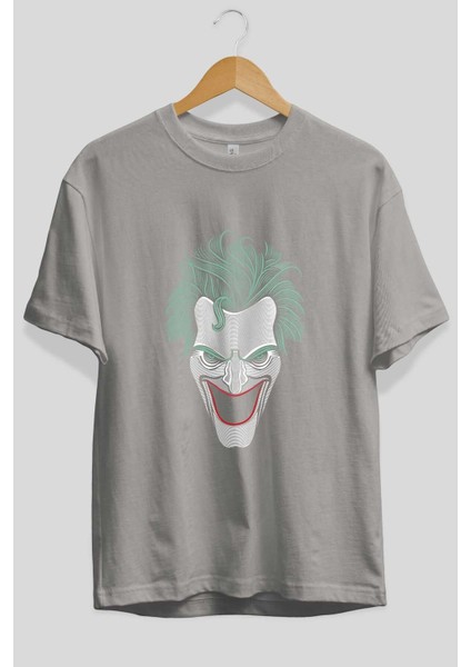Joker (1) Ön Baskılı Gri Oversize T-Shirt Bisiklet Yaka Pamuk Erkek Kadın fiyatları