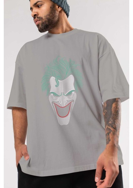 Joker (1) Ön Baskılı Gri Oversize T-Shirt Bisiklet Yaka Pamuk Erkek Kadın modelleri