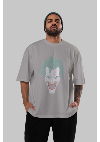 Joker (1) Ön Baskılı Gri Oversize T-Shirt Bisiklet Yaka Pamuk Erkek Kadın indirimleri