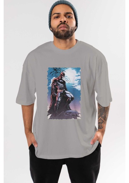 Batman (13) Ön Baskılı Gri Oversize T-Shirt Bisiklet Yaka Pamuk Erkek Kadın