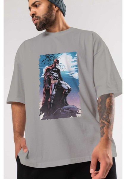 Batman (13) Ön Baskılı Gri Oversize T-Shirt Bisiklet Yaka Pamuk Erkek Kadın modelleri