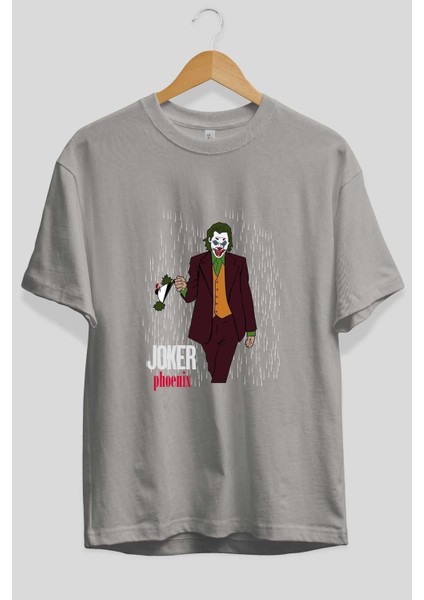 Joker (11) Ön Baskılı Gri Oversize T-Shirt Bisiklet Yaka Pamuk Erkek Kadın fiyatları