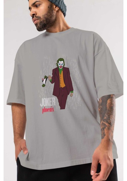 Joker (11) Ön Baskılı Gri Oversize T-Shirt Bisiklet Yaka Pamuk Erkek Kadın modelleri