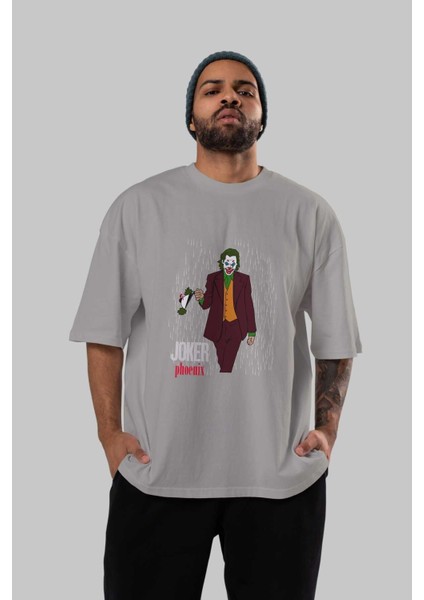 Joker (11) Ön Baskılı Gri Oversize T-Shirt Bisiklet Yaka Pamuk Erkek Kadın indirimleri