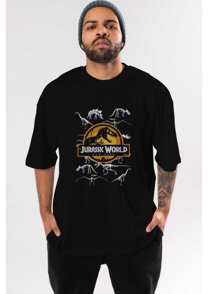 Jurassic Park (5) Ön Baskılı Siyah Oversize T-Shirt Bisiklet Yaka Erkek Kadın