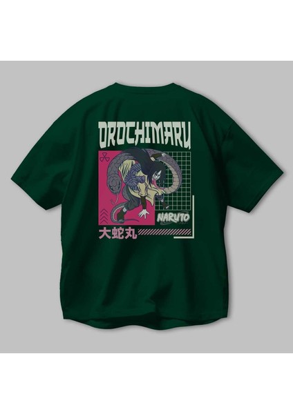 Orochimaru Arka Baskılı Zümrüt Yeşili Oversize T-Shirt Erkek Kadın Bisiklet Yaka modelleri