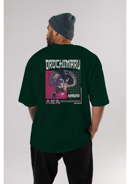 Orochimaru Arka Baskılı Zümrüt Yeşili Oversize T-Shirt Erkek Kadın Bisiklet Yaka indirimleri