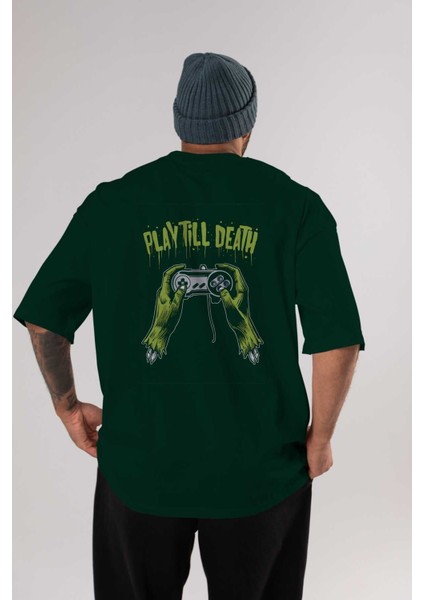 Play Till Death Arka Baskılı Zümrüt Yeşili Oversize T-Shirt Erkek Kadın Bisiklet Yaka
