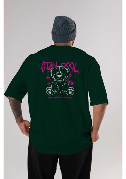 Teddy Bear Stay Cool Arka Baskılı Zümrüt Yeşili Oversize T-Shirt Erkek Kadın Bisiklet Yaka