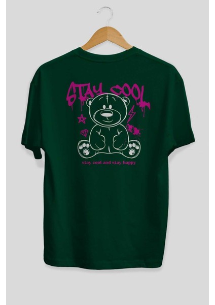 Teddy Bear Stay Cool Arka Baskılı Zümrüt Yeşili Oversize T-Shirt Erkek Kadın Bisiklet Yaka fiyatları