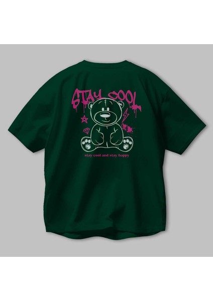 Teddy Bear Stay Cool Arka Baskılı Zümrüt Yeşili Oversize T-Shirt Erkek Kadın Bisiklet Yaka modelleri