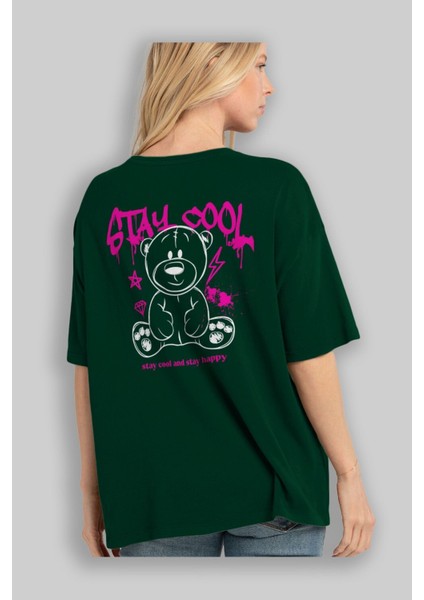 Teddy Bear Stay Cool Arka Baskılı Zümrüt Yeşili Oversize T-Shirt Erkek Kadın Bisiklet Yaka fırsatları