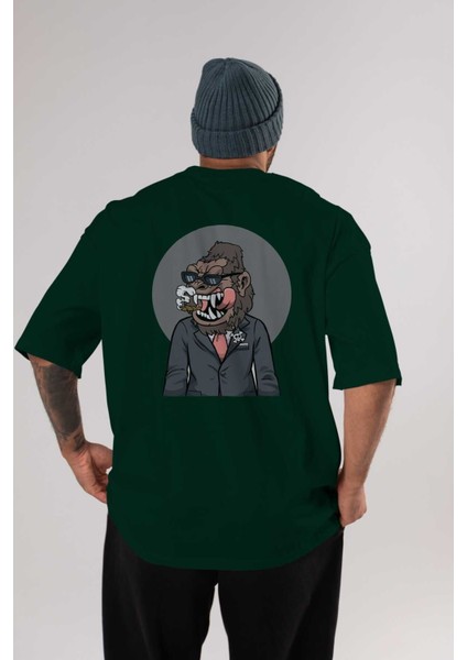 Monkey Suits Arka Baskılı Zümrüt Yeşili Oversize T-Shirt Unisex Erkek Kadın Bisiklet Yaka