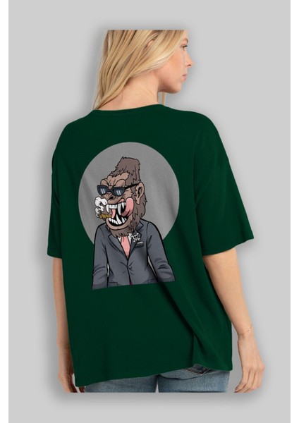 Monkey Suits Arka Baskılı Zümrüt Yeşili Oversize T-Shirt Unisex Erkek Kadın Bisiklet Yaka fırsatları